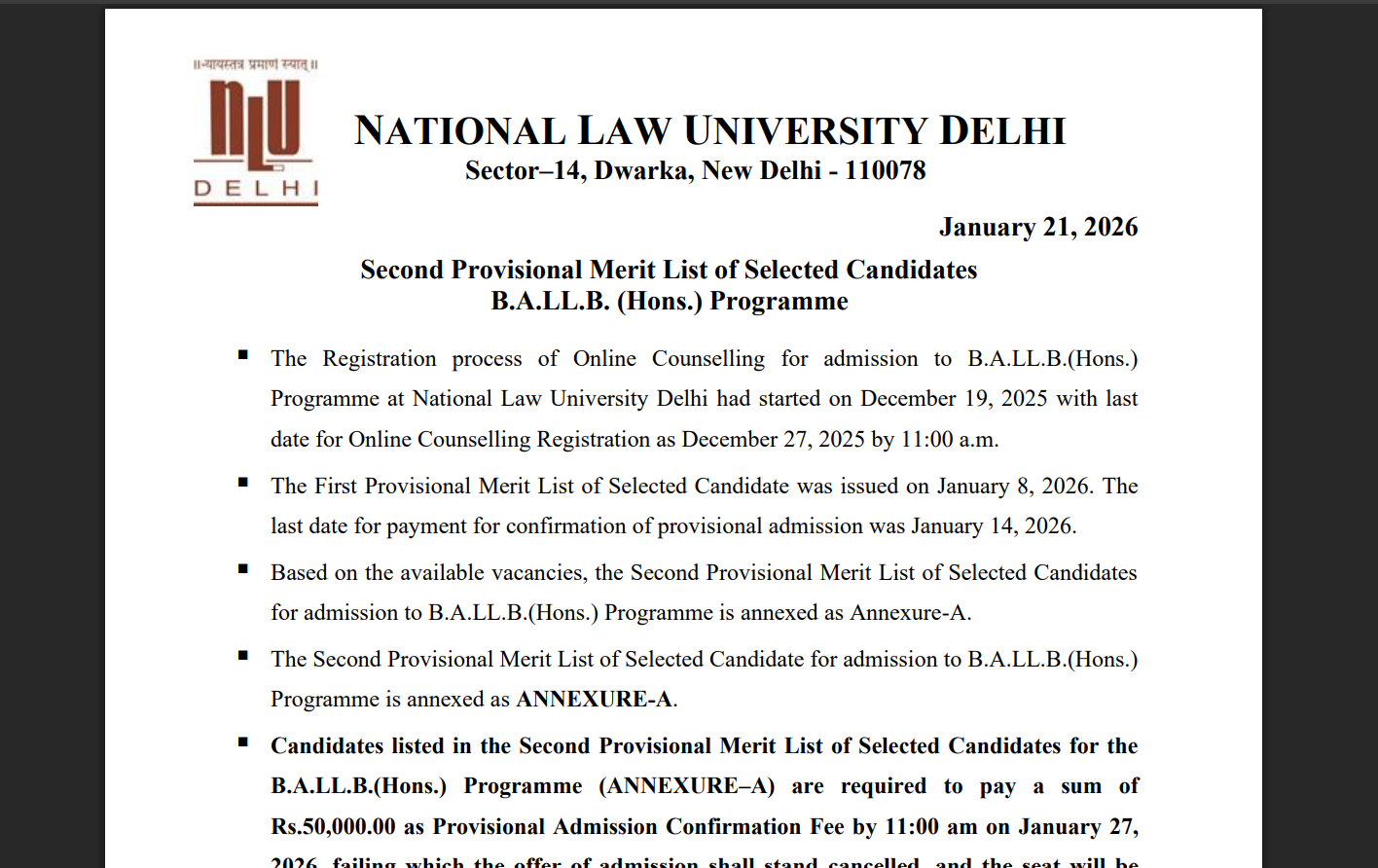 AILET 2026 2nd merit list released at nationallawuniversitydelhi.in: Direct link to download here
